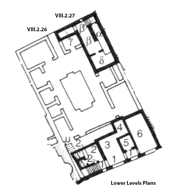 VIII.2.26-27 Pompeii. Casa del Cinghiale II or House of Vesbinus. Lower levels plan.

The plan shows the lower floor and the underground area entered from VIII.2.27.